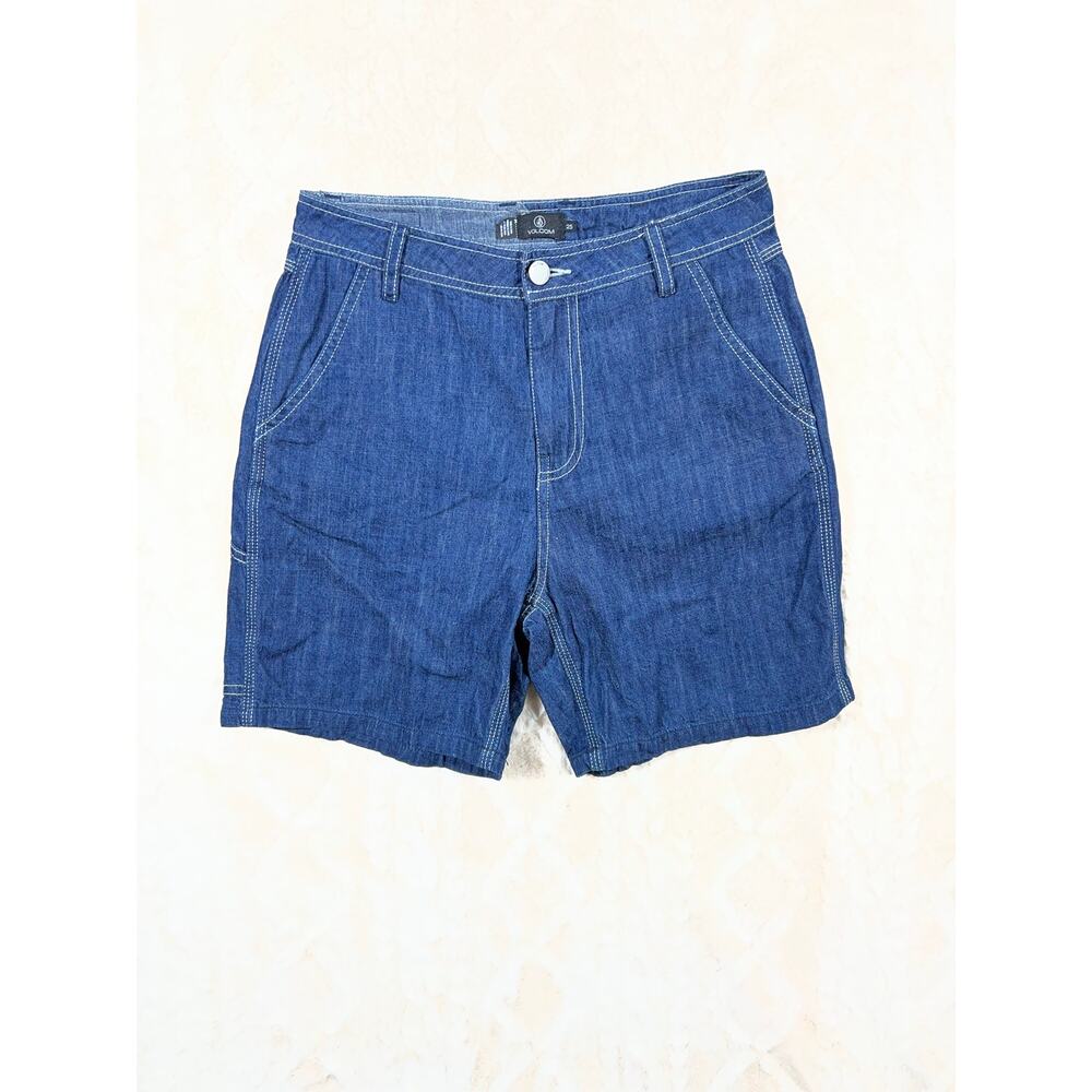 Volcom Women’s Jean Shorts Size 25 Low Rise Carpenter Denim Painterly Blue EUC